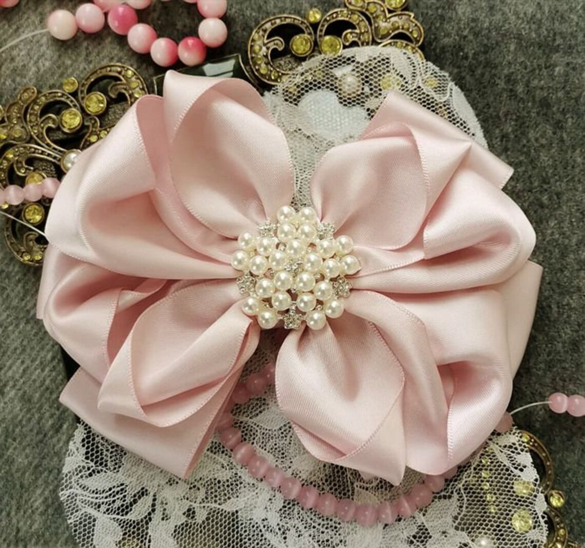 Handmade Satin Ribbon Bow With Pearl Rhinestone Icy Pink And Etsy