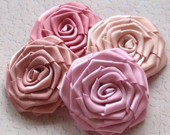 4 Handmade Ribbon Roses (2 inches) In Soft Color  MY-004 -01 Ready To Ship
