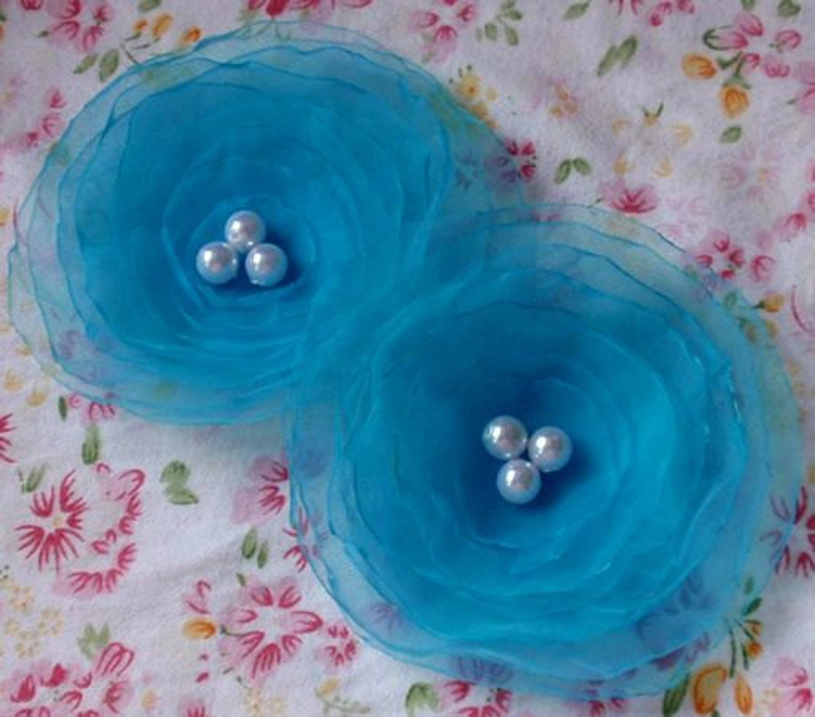 2 Larger Handmade Organza Flowers With Pearls 3.5 Inches in Etsy