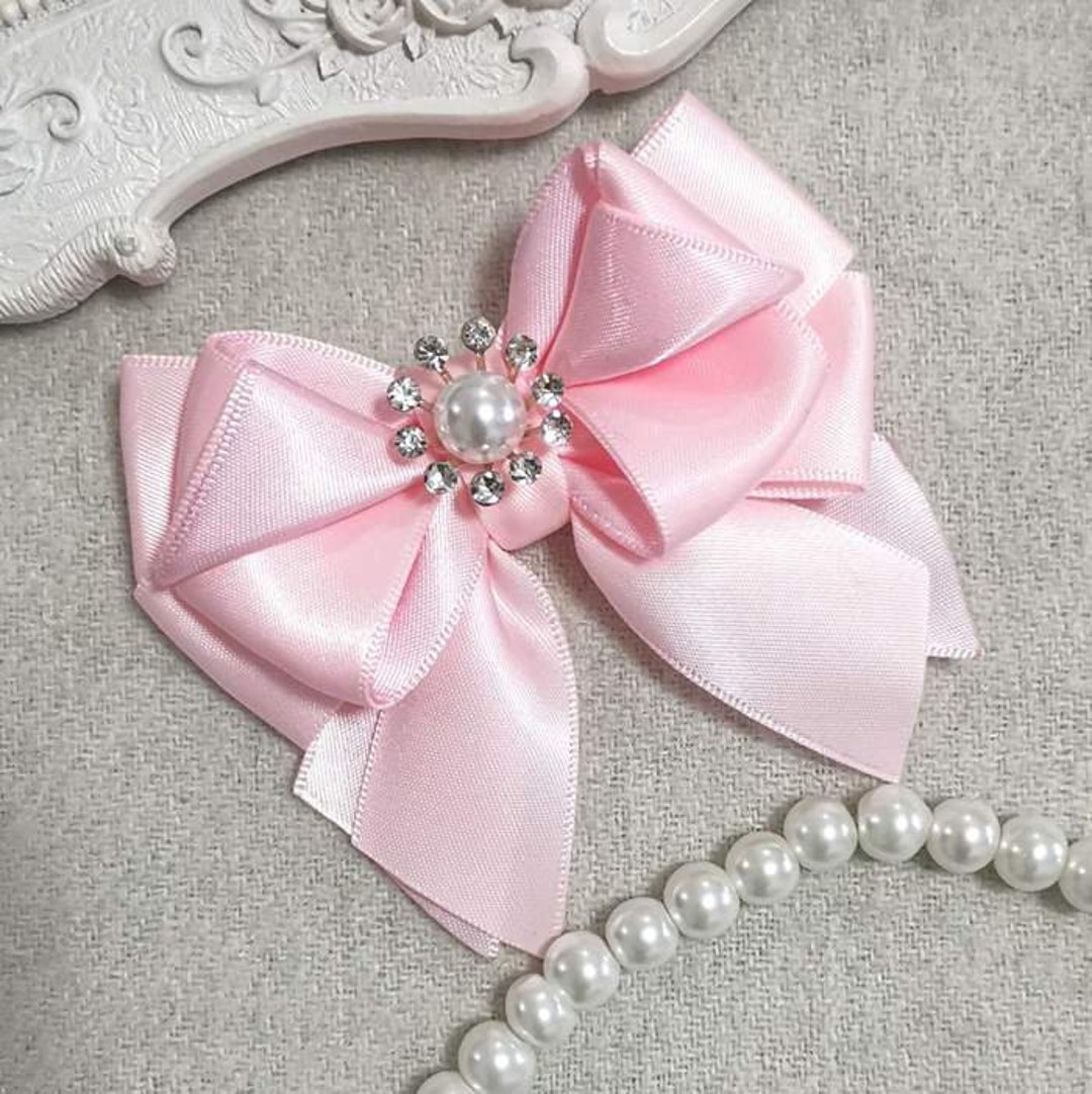 Handmade Satin Ribbon Bow With Pearl Rhinestone Lt Pink, Powder Pink ...