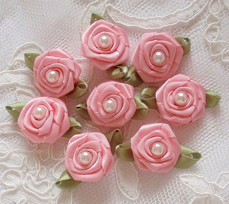 8 Handmade Ribbon Roses With Leaves 1 Inch in Pearl Pink and Etsy
