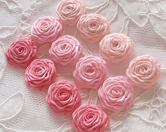 12 Small Handmade Ribbon Roses (7/8 to 1 inch) In Lt pink, Pearl pink, Fantasy rose Have Over 150 Colors To Choose  MY- 388-01 Ready To Ship