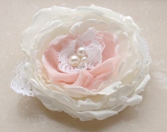 Larger Handmade Singed Flowers With Pearl and Rhinestone (3.5 inches) In Cream Lt pink MY-013 -01 Ready To Ship