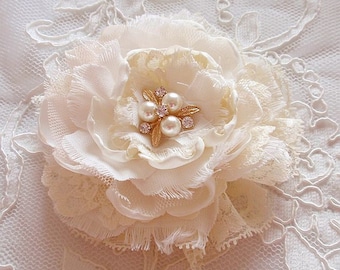 Larger Handmade Fabric Flower Lace Flower With Pearl and Rhinestone  (4 inches) In Ivory Cream MY-670-12 Ready To Ship