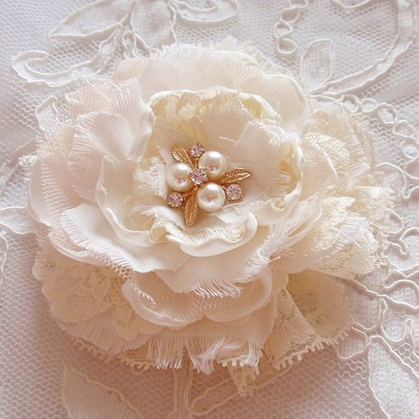 Larger Handmade Fabric Flower Lace Flower With Pearl and Rhinestone  (4 inches) In Ivory Cream MY-670-12 Ready To Ship