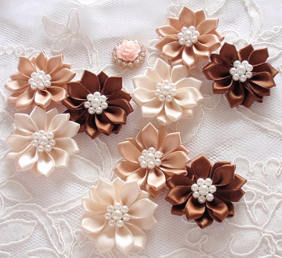9 Ribbon Flowers Ribbon Roses With Pearls in Ivory, Tan, Brown (1