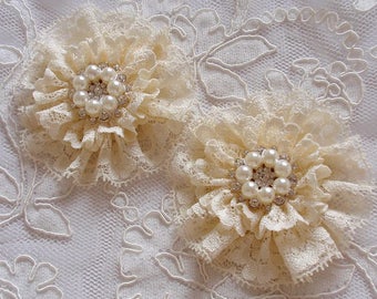 2 Lace Flowers With Rhinestone And Pearl In Cream (3 inches)  MY- 682-01 Ready To Ship