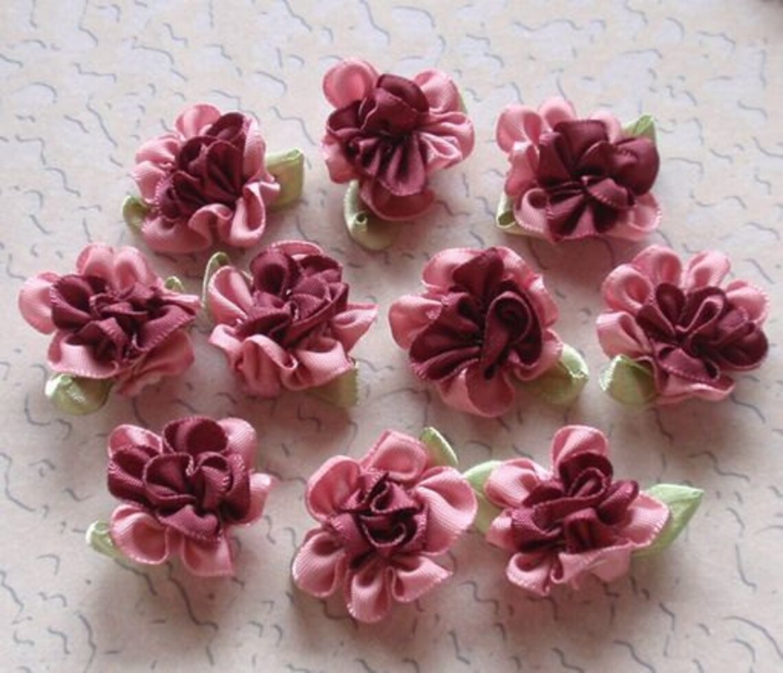 10 Handmade Ribbon Flowers With Leaves 1 Inch in Pink Lt Etsy