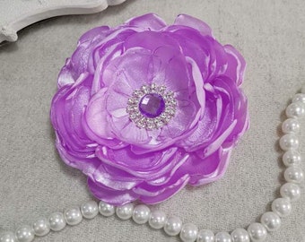 Larger Handmade Singed Flower Fabric Flower Fabric Rose Pearl Rhinestone (3-1/2 inches) Lt Orchid MY-952-01 Ready To Ship