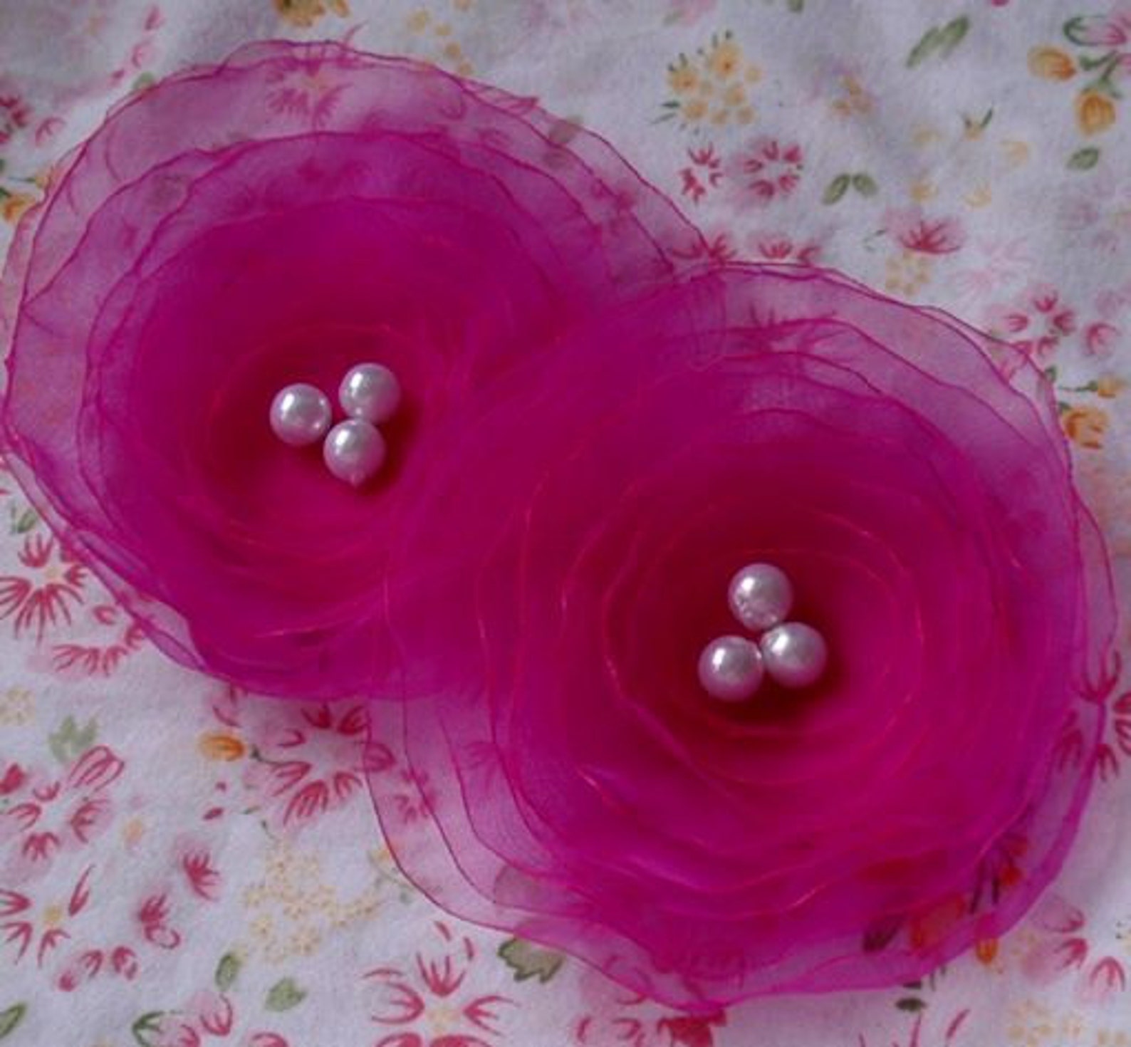 2 Larger Handmade Organza Flowers With Pearls 3.5 Inches in Etsy
