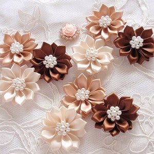 9 Ribbon Flowers Ribbon Roses With Pearls In  Ivory, Tan, Brown (1-3/4 inches) MY-348 -10 Ready To Ship