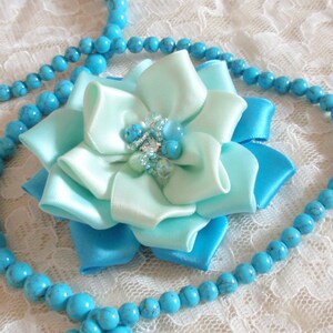 Handmade Flower With Rhinestone Crystal Stone (3-1/4 inches) In Lt Mint Aqua Turquoise MY-293-04 Ready To Ship