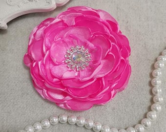 Larger Handmade Singed Flower Fabric Flower Fabric Rose Pearl Rhinestone (3-1/2 inches) Pink MY-952-03 Ready To Ship