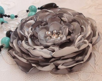 Larger Handmade Singed Flower With Pearl And Rhinestone (3- 3/4 inches) In Lt Gray and Dark Gray MY-240 Ready To Ship