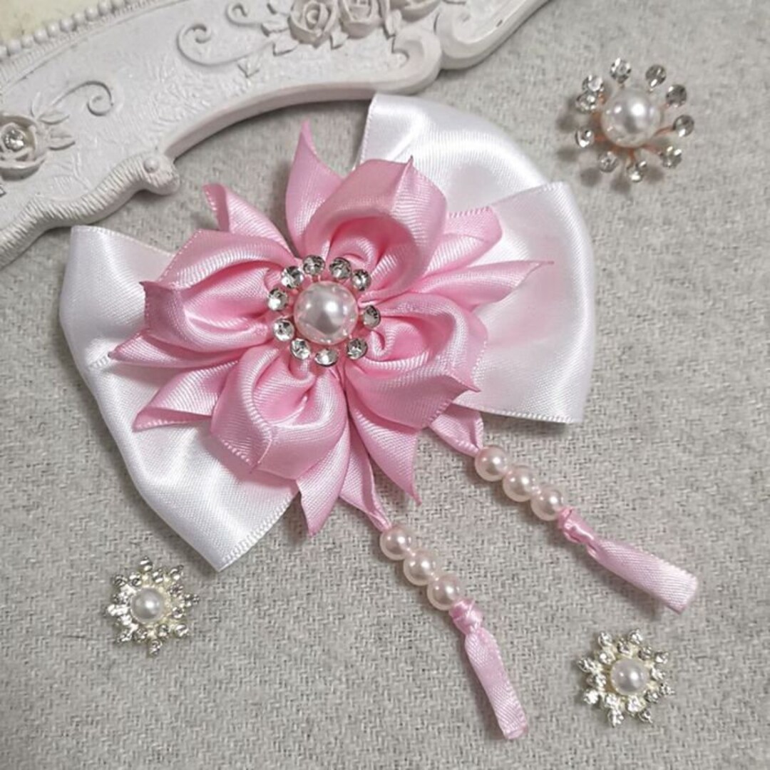 Handmade Satin Ribbon Bow With Pearl Rhinestone Pearl Pink, White Have ...