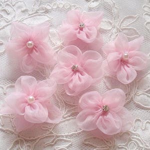 6 Handmade Organza Flowers With Pearl And Rhinestone (1.5 inches) in Pearl Pink  MY-664-12 Ready To Ship