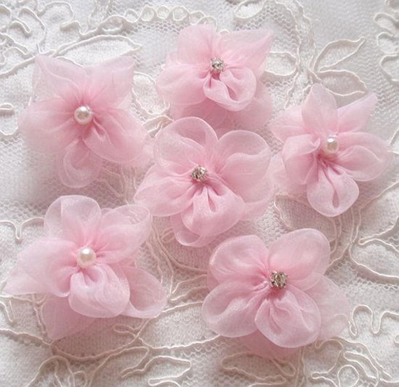 6 Handmade Organza Flowers With Pearl and Rhinestone 13/4 Etsy