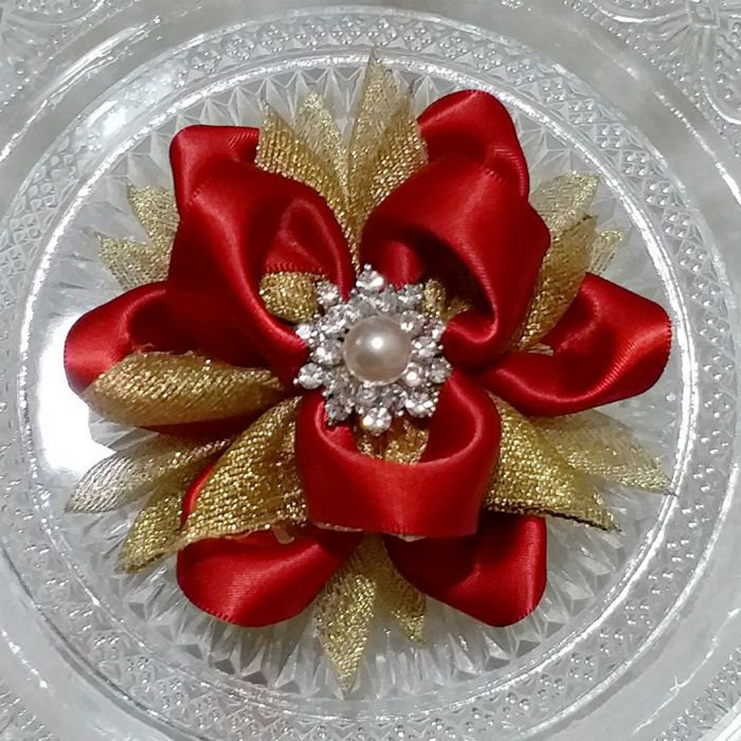 Handmade Ribbon Flower Ribbon Roses Satin Flower in Red Gold Etsy