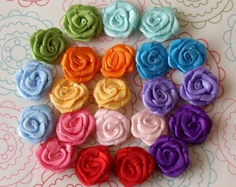 22 Mini  Handmade Ribbon Roses (1/2 inches) In  Multicolour  And Have Over 150 Colors To Choose MY-120-04 Ready To Ship