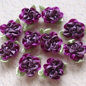 10 Handmade Flowers With Leaves (1 inch, With leaf size 1-1/4) In Amethyst, Purple MY-035 - 01 Ready To Ship