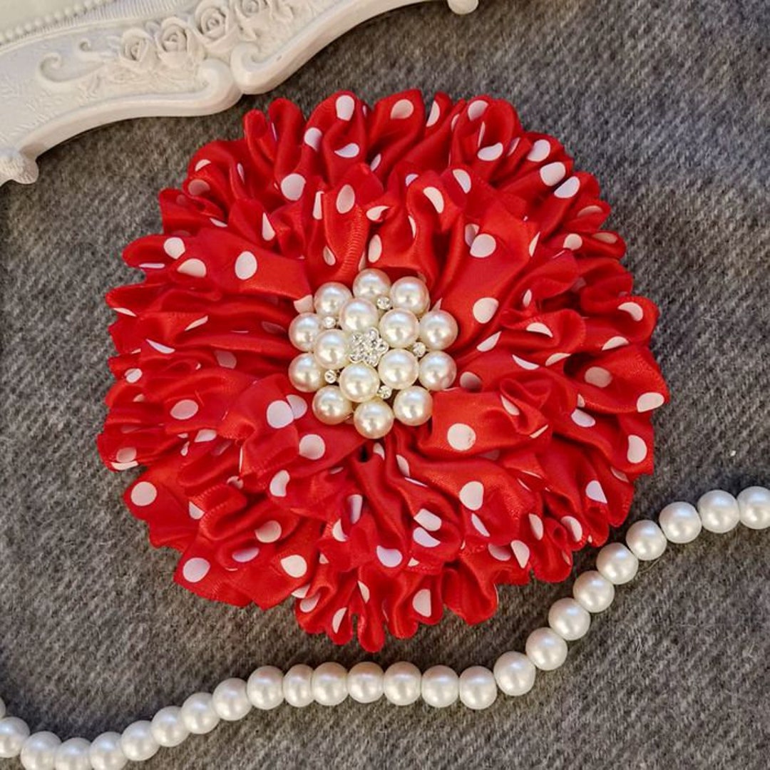 Handmade Ribbon Flower Ribbon Roses Satin Flower in Red With White Dots