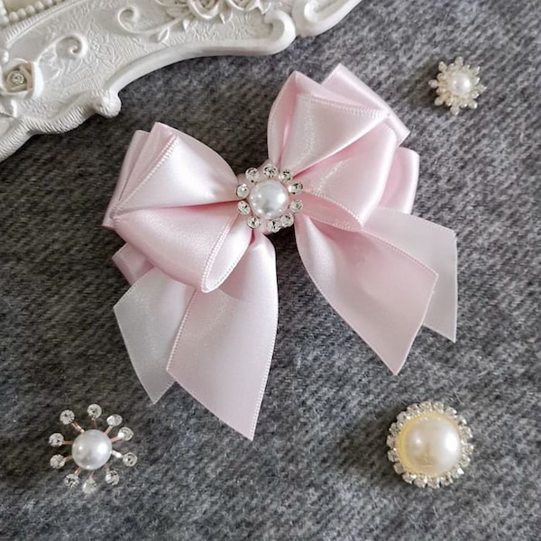 Handmade Satin Ribbon Bow With Pearl  Rhinestone Powder Pink, Off White have Over 150 Colors To Choose ( 3x3 inch) MY-869-01 Ready To Ship