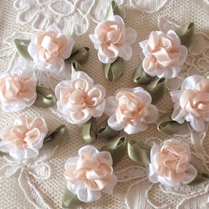 10 Handmade Ribbon Flowers With Leaves (1 inch, With leaf size 1-1/4) In Ivory, White MY- 404-01 Ready To Ship