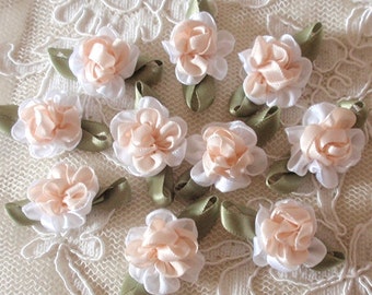 10 Handmade Ribbon Flowers With Leaves (1 inch, With leaf size 1-1/4) In Ivory, White MY- 404-01 Ready To Ship