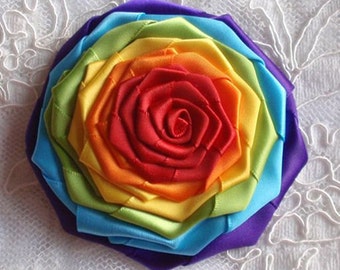 Handmade Ribbon Rose (3-1/4 inches) In Rainbow MY-211-01 Ready To Ship