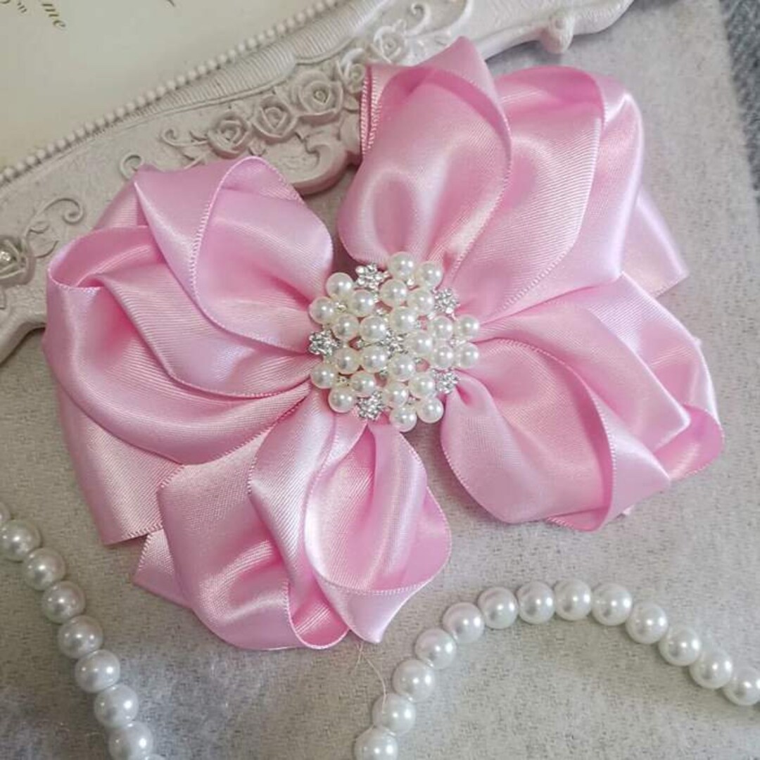 Handmade Satin Ribbon Bow With Pearl Rhinestone Pearal Pink and Over ...