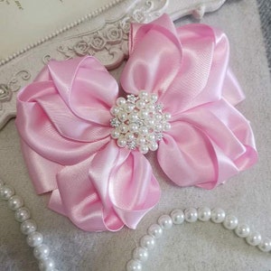 Handmade Satin Ribbon Bow With Pearl  Rhinestone Pearal Pink And Over 150 Colors To Choose ( 4x5 inch) MY-795-12 Ready To Ship