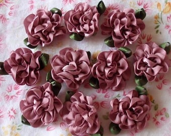 10 Handmade Ribbon Flowers With Leaves (1 inch) In Rose Mauve  MY-029 - 27 Ready To Ship