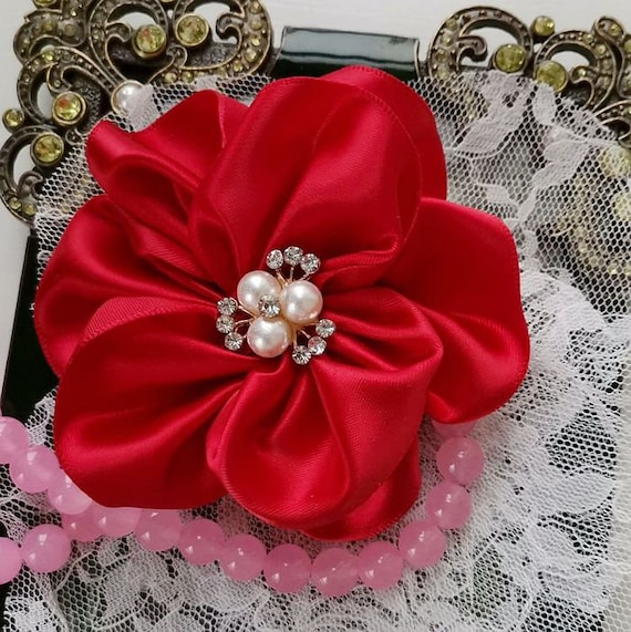 Handmade Ribbon Flower Ribbon Roses Satin Flower in Red and Etsy