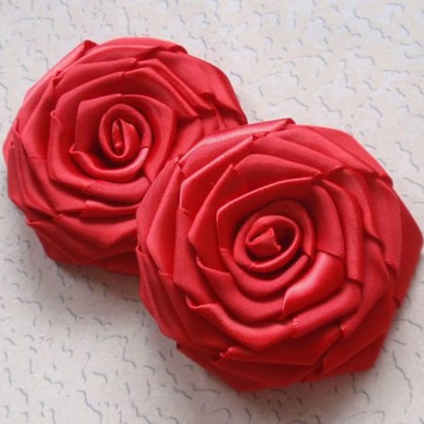 2 Larger Handmade Ribbon Roses (3 inches) in Red Over 150 Colors To Choose MY-002 -40 Ready To ship