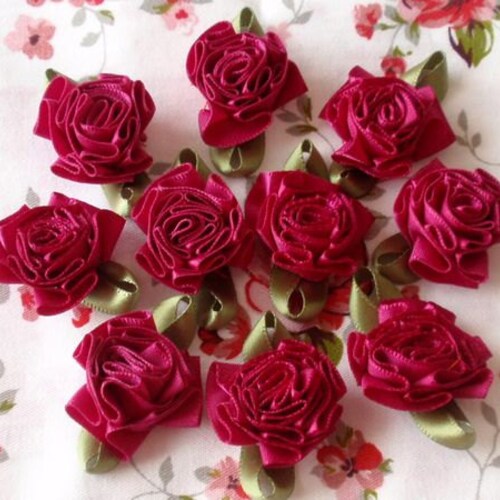 10 Handmade Ribbon Flowers With Leaves 1 Inch in Rose Mauve Etsy