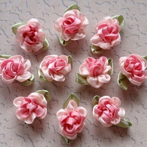 10 Handmade Ribbon Flowers With Leaves (1 inch) In Sherbet, Lt pink More Color To Choose MY- 035 - 02 Ready To Ship