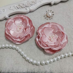 2  Handmade Singed Flowers With Pearl and Rhinestone Satin Flower Singed Roses (2.5  inches) In Dust Pink MY-891 -01 Ready To Ship