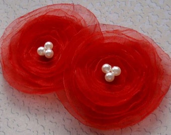 2 Larger Handmade Organza Flowers With Pearls  (3.5 inches) In Red MY-013 -19 Ready To Ship