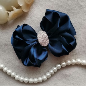 Handmade Satin Ribbon Bow With Pearl And Rhinestone In Navy Over 150 Colors To Choose( 3.5x2.5 inch) MY-999 Ready To Ship