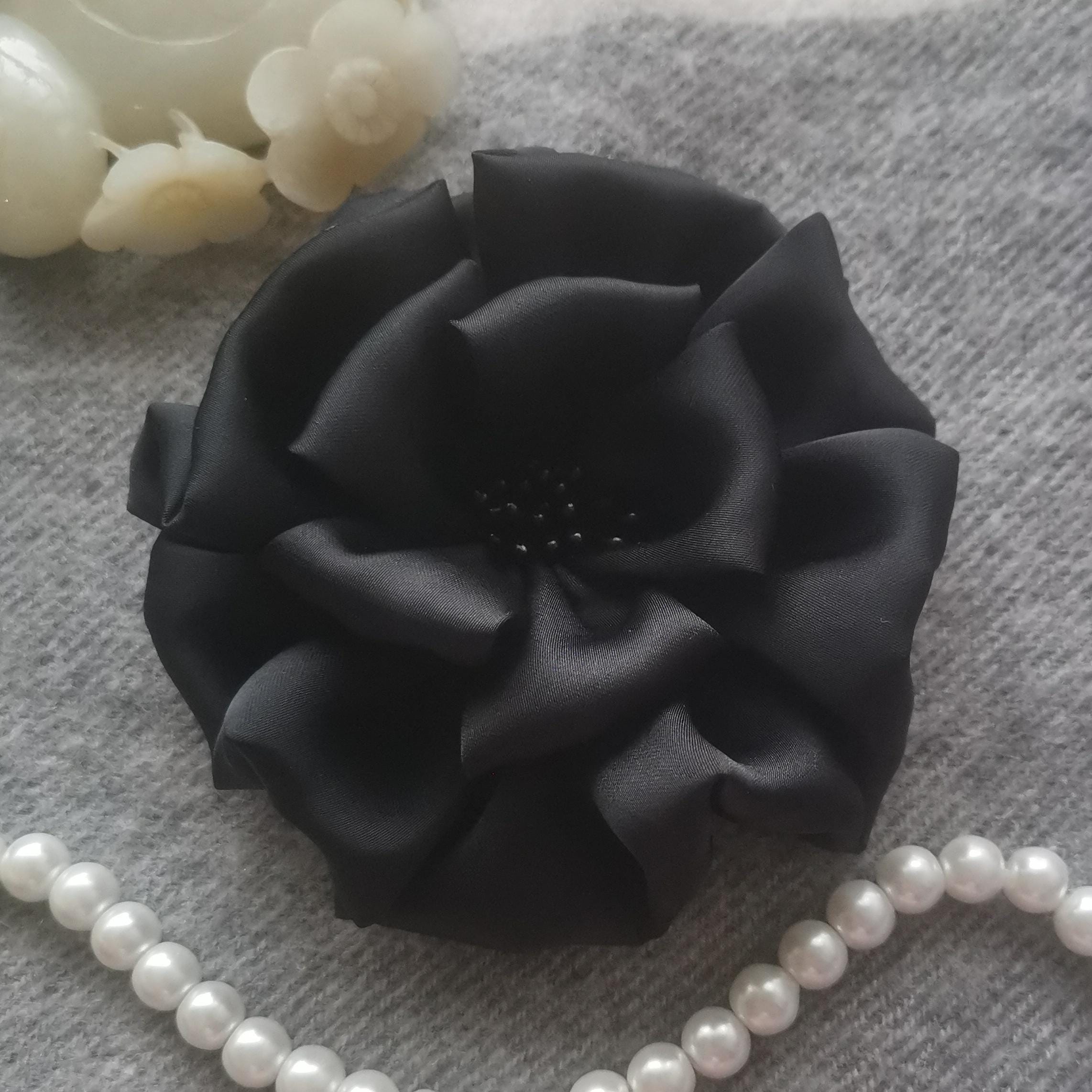 Larger Handmade Silk Flower Fabric Flower  (3-3/4 inches) In Black MY-439-06 Ready To Ship