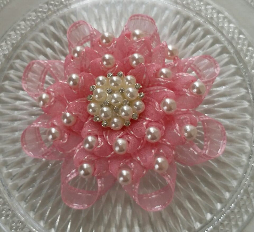 Handmade Ribbon Flower Organza Flower With Pearls (3 Inches) in Pink MY ...
