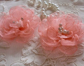 2 Handmade Singed Flower Organza Flower Fabric Flower Fabric Rose With Rhinestone Pearl (2-3/4 to 3 inches) Lt Coral MY-612-07 Ready To Ship