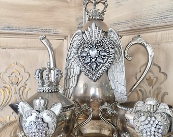 Mixed media art, altered art, Silver plated tea pot, mixed media assemblage, unique tea pot, vintage decor, angel wings cottage chic, silver