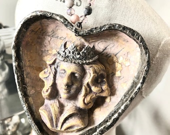 Soldered Paper Mache Beaded Heart Ornament princess ornament plaster princess Mediterranea Design Studio