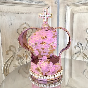 Embellished Metal crown, crown decor, cake topper, Mediterranea Design Studio, french antique, pink crown, wedding decor, shabby chic image 1