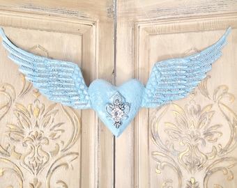 Metal angel wings, teal angel wings, embellished angel wings, angel wing wall decor, Mediterranea Design Studio, angel wings with heart