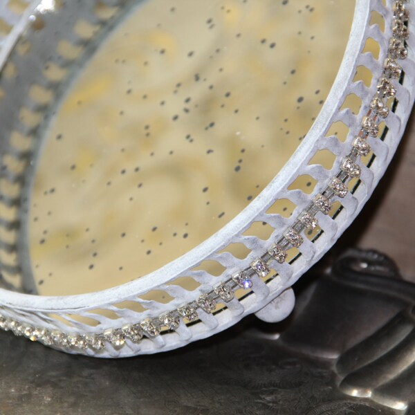 Antiqued mirrored tray, vintage mirror tray, embellished vanity tray, Mediterranea Design Studio, french vintage decor, jeweled vanity tray