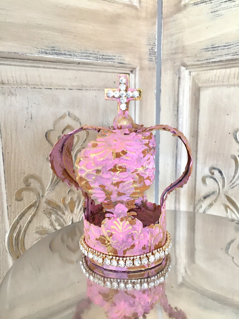 Embellished Metal crown, crown decor, cake topper, Mediterranea Design Studio, french antique, pink crown, wedding decor, shabby chic image 1