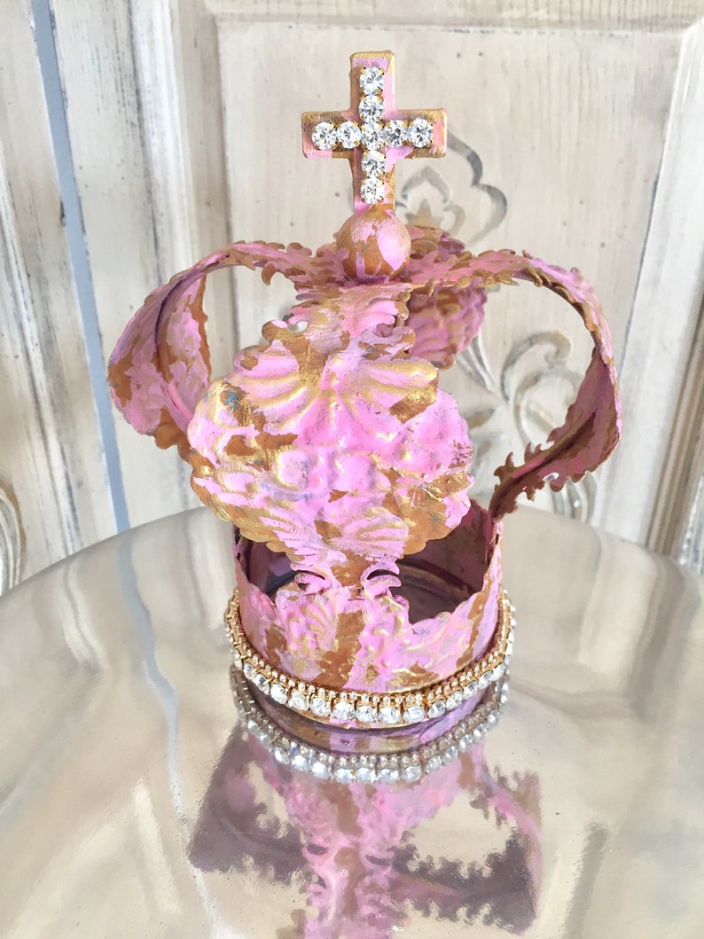 Embellished Metal crown, crown decor, cake topper, Mediterranea Design Studio, french antique, pink crown, wedding decor, shabby chic image 5