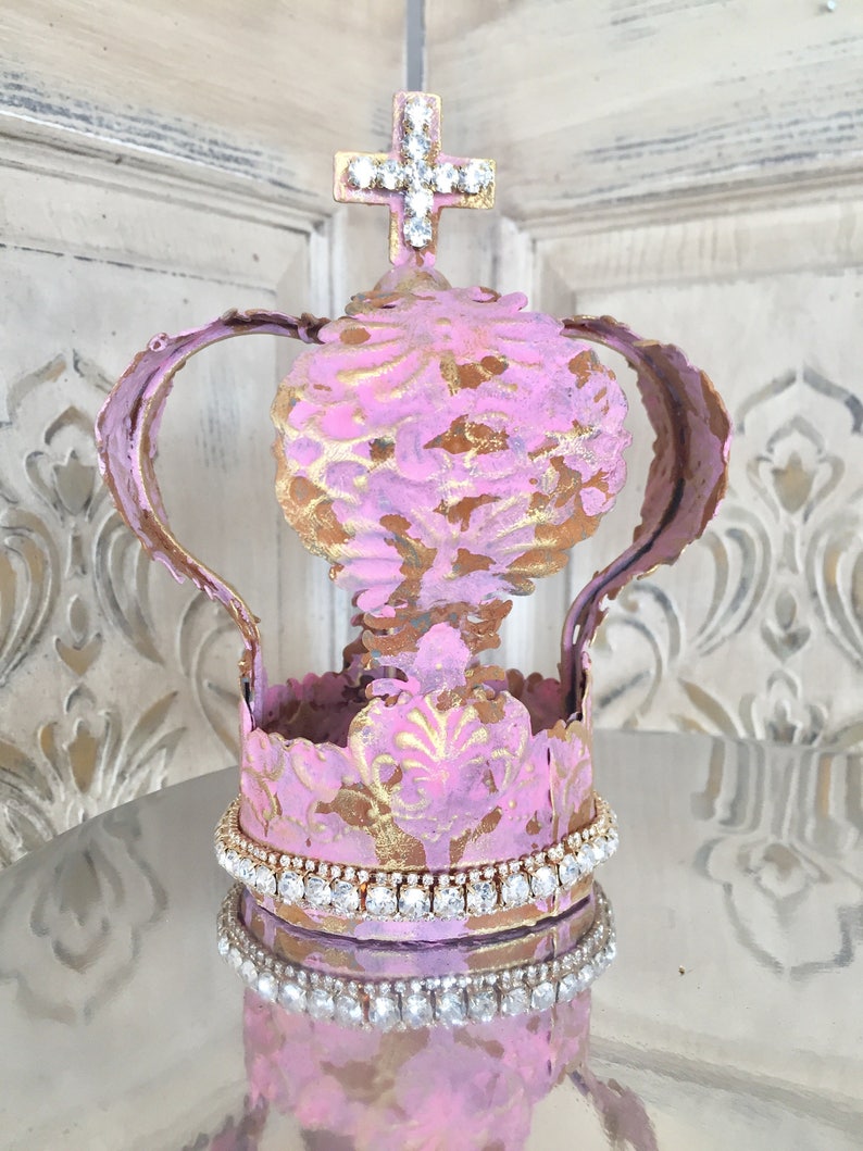 Embellished Metal crown, crown decor, cake topper, Mediterranea Design Studio, french antique, pink crown, wedding decor, shabby chic image 4